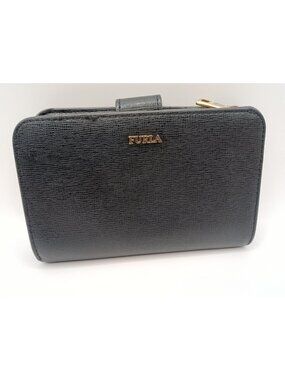 Furla Black Textured Leather Zip-Around Wallet With Card Slots & Snap Closure